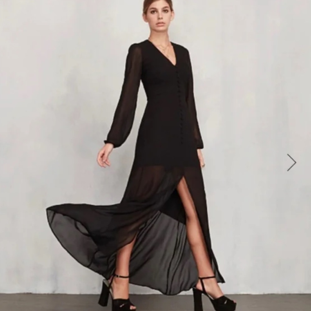 Reformation Camelia Black Long-Sleeve Button-Up Slit Midi Dress Viscose Size 0